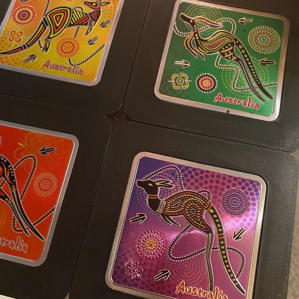 New Australia Kangaroo Foil Coaster Set| 6-Piece Square Souvenir Drink Coasters